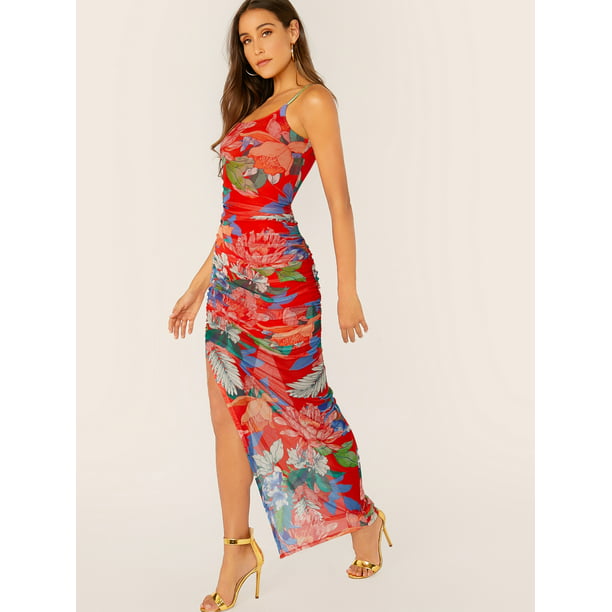 Size 12-14 Red Floral Print Pattern Long Ankle Length Maxi Slip Dress